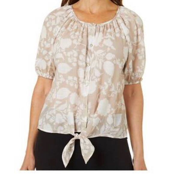 CORAL BAY SMALL Women’s Floral Print Button Down Top with Tie Front - Picture 2 of 9